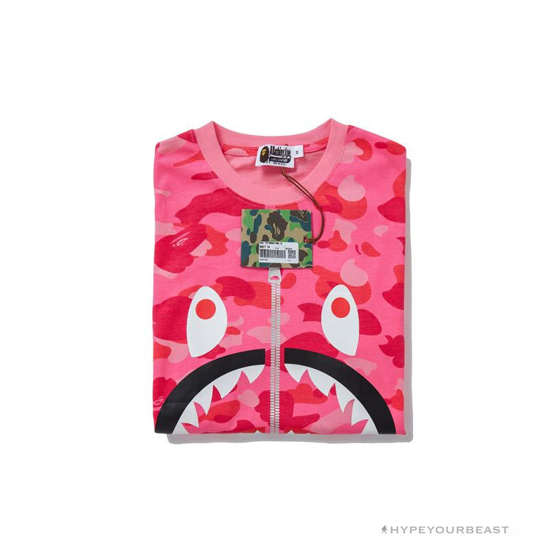 BAPE Pink Camouflage Shark Head Fake Zipper Tee Shirt