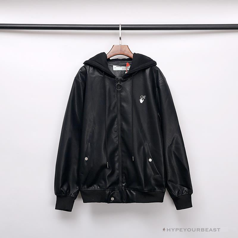 OFF-WHITE 20FW New Logo Hooded Leather Jacket Black