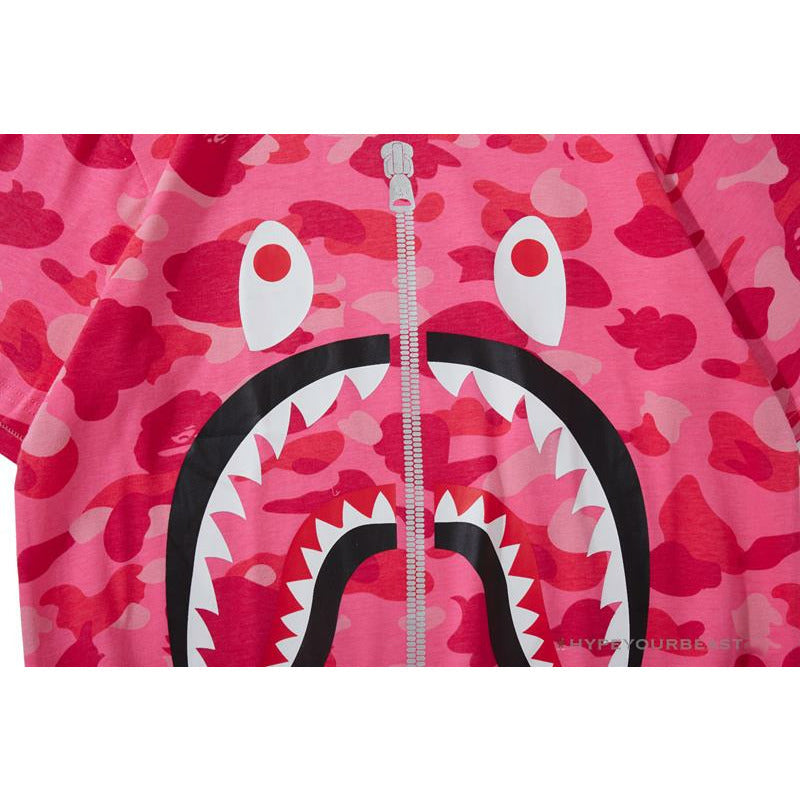 BAPE Pink Camouflage Shark Head Fake Zipper Tee Shirt