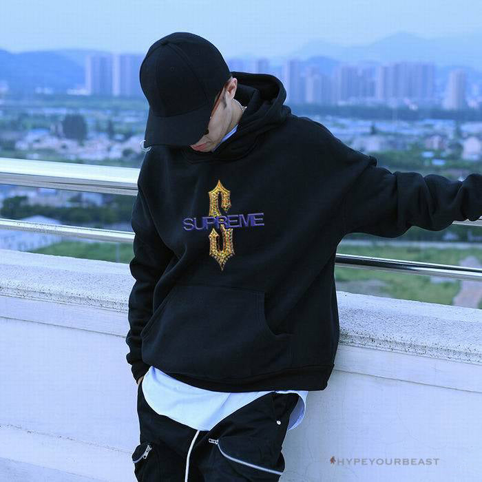 Supreme Hoodie Black Gold S Purple