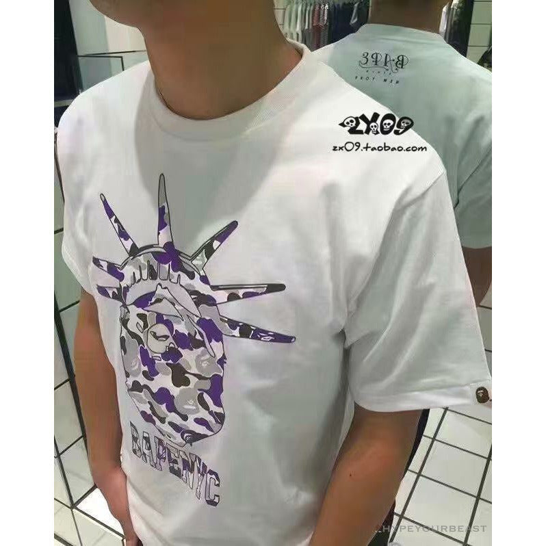 BAPE NYC New York Limited Purple Camouflage Ape Head Tee Shirt 'WHITE'