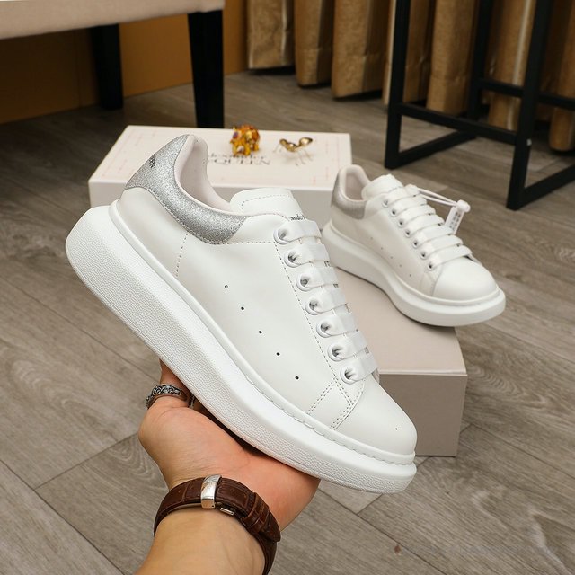 Alexander McQueen White / Grey Suede Heel Lace Up Sneakers